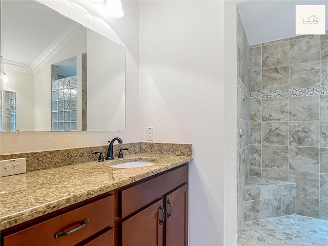 2994 Adrienne Way, The Villages, FL 32163 - bathroom with ornamental molding, vanity, and tiled shower