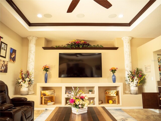 29222 Can Do Ln, Tavares, FL 32778 - living room with a raised ceiling, ornamental molding, built in shelves, ceiling fan, and recessed lighting