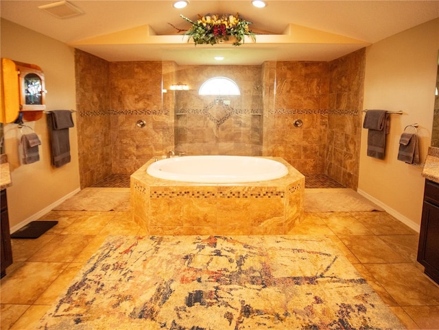 29222 Can Do Ln, Tavares, FL 32778 - bathroom with vanity, vaulted ceiling, walk in shower, a bath, and recessed lighting
