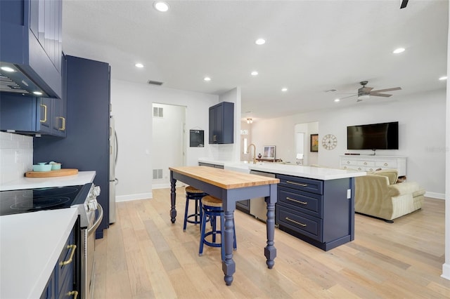 15629 Catherine Cir, Groveland, FL 34736 - kitchen with stainless steel appliances, a peninsula, blue cabinetry, ceiling fan, and light wood finished floors