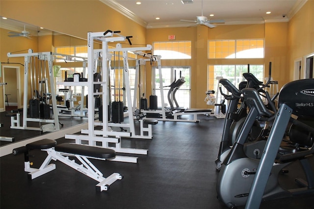 10363 Addison Shore Way, Oxford, FL 34484 - gym with ceiling fan, crown molding, and recessed lighting