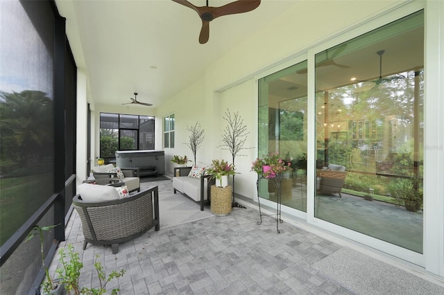1990 Wallingford Loop, Mount Dora, FL 32757 - sunroom / solarium with a jacuzzi and a ceiling fan