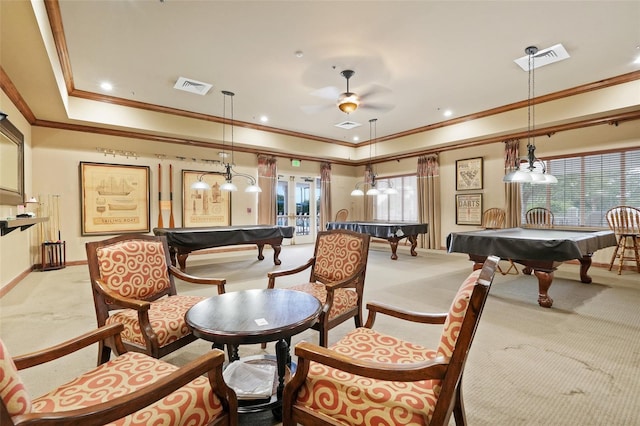 1990 Wallingford Loop, Mount Dora, FL 32757 - playroom with pool table, light carpet, ornamental molding, ceiling fan, and healthy amount of natural light