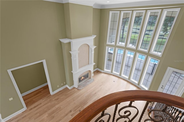 1325 Otters View Ct, Fruitland Park, FL 34731 - living room with light wood-style flooring, ornamental molding, a glass covered fireplace, and a high ceiling