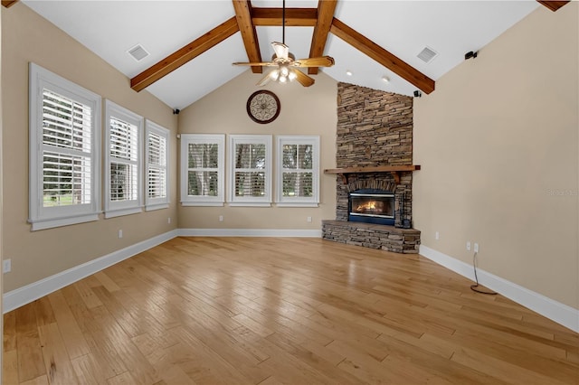 1325 Otters View Ct, Fruitland Park, FL 34731 - unfurnished living room featuring ceiling fan, high vaulted ceiling, beam ceiling, a fireplace, and light wood-style flooring