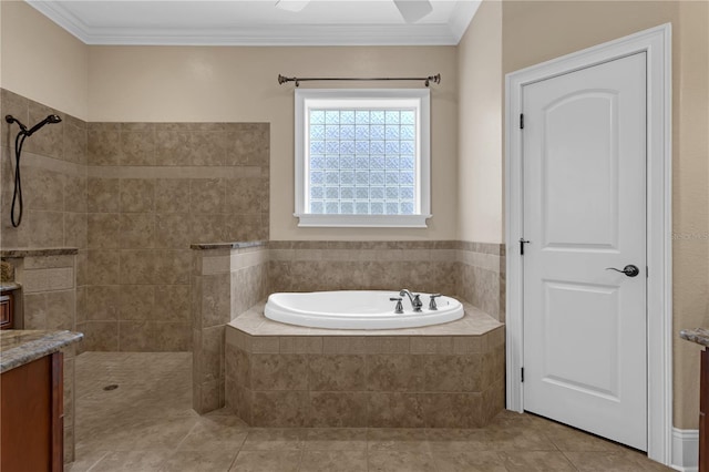 1325 Otters View Ct, Fruitland Park, FL 34731 - bathroom featuring a garden tub, tiled shower, vanity, tile patterned flooring, and crown molding
