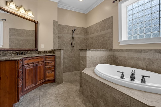 1325 Otters View Ct, Fruitland Park, FL 34731 - bathroom featuring a garden tub, crown molding, vanity, walk in shower, and tile patterned flooring