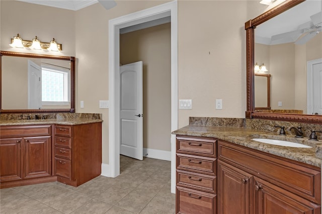 1325 Otters View Ct, Fruitland Park, FL 34731 - full bath with a ceiling fan, two vanities, ornamental molding, and tile patterned floors
