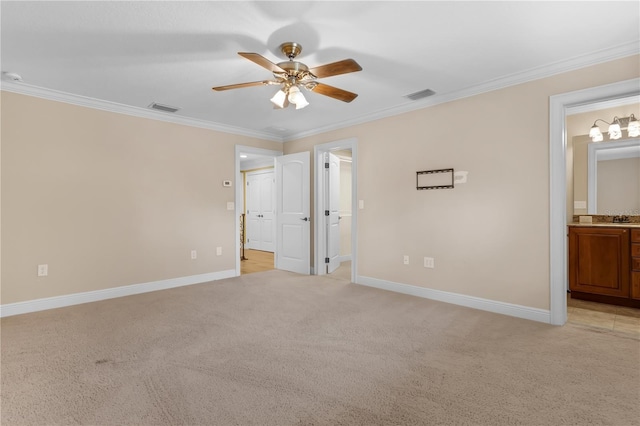 1325 Otters View Ct, Fruitland Park, FL 34731 - unfurnished bedroom with light carpet, ornamental molding, ensuite bathroom, a ceiling fan, and a spacious closet