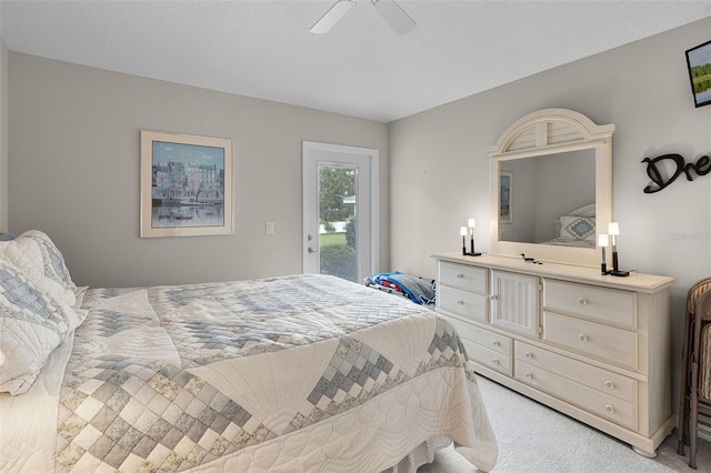 5620 Illumination Ln, Leesburg, FL 34748 - bedroom with access to exterior, light colored carpet, and ceiling fan