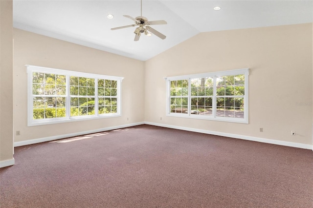 9223 Silver Lake Dr, Leesburg, FL 34788 - spare room with plenty of natural light, lofted ceiling, dark colored carpet, a ceiling fan, and recessed lighting
