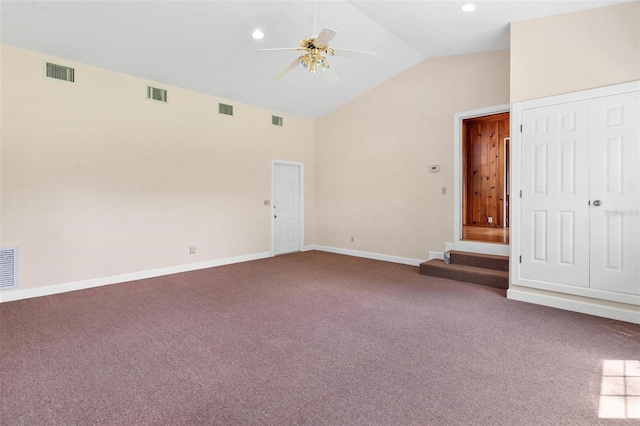 9223 Silver Lake Dr, Leesburg, FL 34788 - empty room with ceiling fan, lofted ceiling, carpet flooring, and recessed lighting