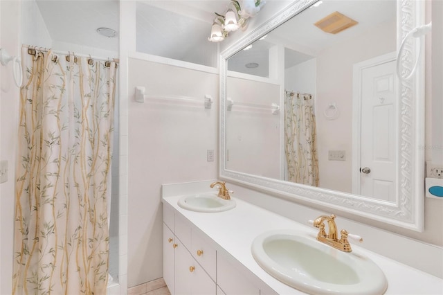 9223 Silver Lake Dr, Leesburg, FL 34788 - full bath with double vanity and a shower with shower curtain