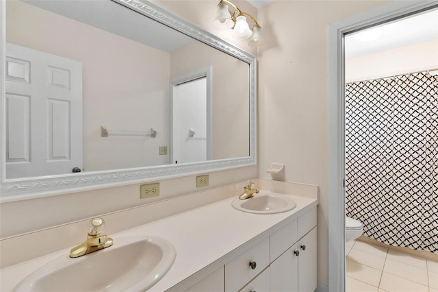 9223 Silver Lake Dr, Leesburg, FL 34788 - bathroom with double vanity, tile patterned flooring, and a shower with shower curtain