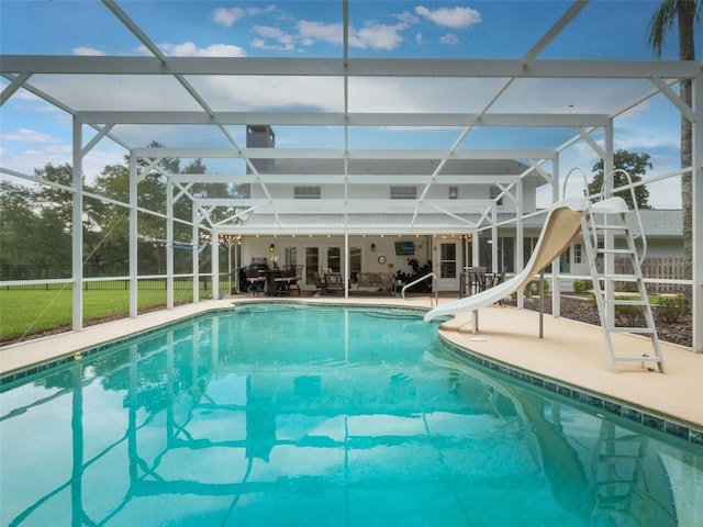 5556 Round Lake Rd, Apopka, FL 32712 - swimming pool with a water slide, a patio, and glass enclosure