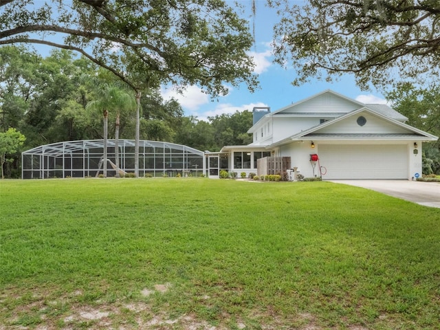 5556 Round Lake Rd, Apopka, FL 32712 - view of grassy yard featuring concrete driveway, a garage, and a lanai
