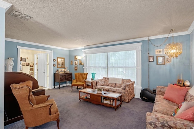 806 Leopard Trl, Winter Springs, FL 32708 - living room with crown molding, carpet floors, a textured ceiling, and a chandelier