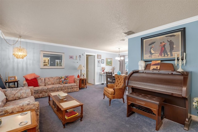 806 Leopard Trl, Winter Springs, FL 32708 - living area with a chandelier, ornamental molding, a textured ceiling, and carpet floors