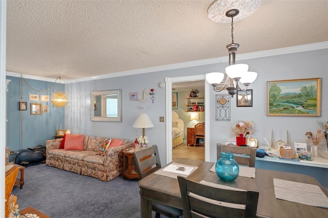 806 Leopard Trl, Winter Springs, FL 32708 - living area with crown molding, a chandelier, a textured ceiling, and carpet