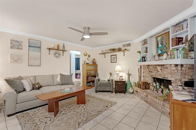 806 Leopard Trl, Winter Springs, FL 32708 - living area with light tile patterned floors, ornamental molding, ceiling fan, and a brick fireplace