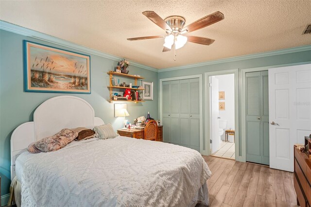 806 Leopard Trl, Winter Springs, FL 32708 - bedroom with crown molding, light wood finished floors, a textured ceiling, ceiling fan, and ensuite bath