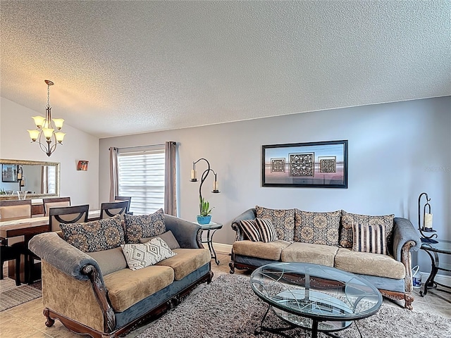 167 Castaway Beach Way, Kissimmee, FL 34746 - living area featuring a chandelier, a textured ceiling, and lofted ceiling