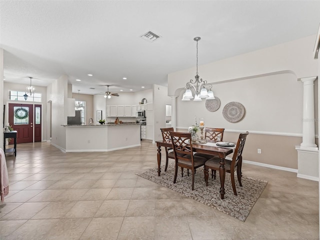 487 Thistledown Way, The Villages, FL 32162 - dining space featuring a chandelier, ornate columns, ceiling fan, recessed lighting, and light tile patterned floors