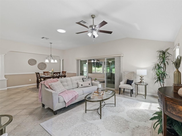 487 Thistledown Way, The Villages, FL 32162 - tiled living area featuring a ceiling fan and lofted ceiling