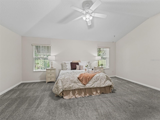 487 Thistledown Way, The Villages, FL 32162 - carpeted bedroom featuring lofted ceiling, a ceiling fan, and a textured ceiling