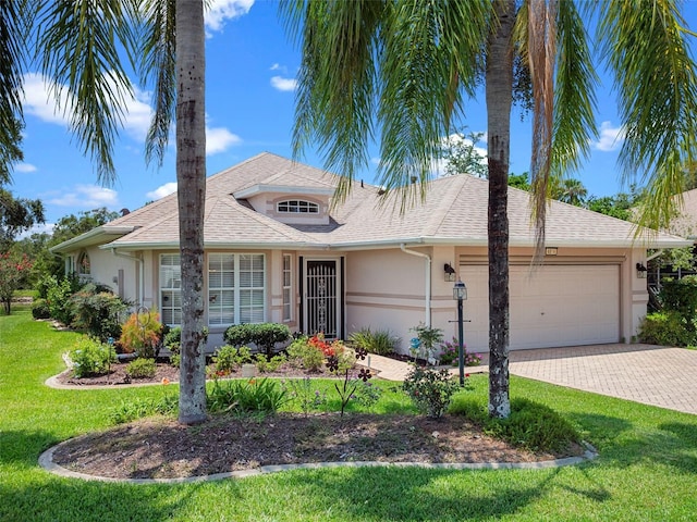 4814 Saint Andrews Arc, Leesburg, FL 34748 - ranch-style home featuring stucco siding, a garage, a front lawn, driveway, and roof with shingles