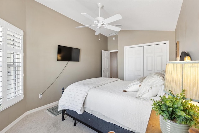 2465 Violet Ct, The Villages, FL 32162 - carpeted bedroom with multiple windows, a closet, high vaulted ceiling, and a ceiling fan
