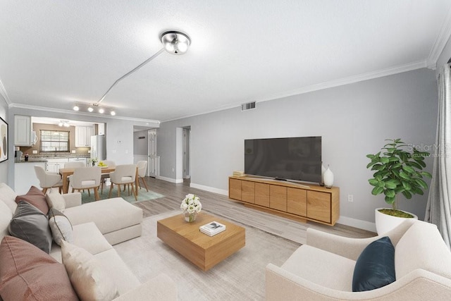 101 N Grandview St Unit 205, Mount Dora, FL 32757 - living area with ornamental molding and light wood-type flooring