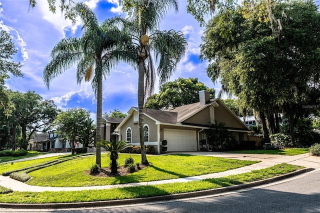681 Greywood Dr, Altamonte Springs, FL 32701 - obstructed view of property with a garage, stucco siding, a front lawn, a chimney, and driveway