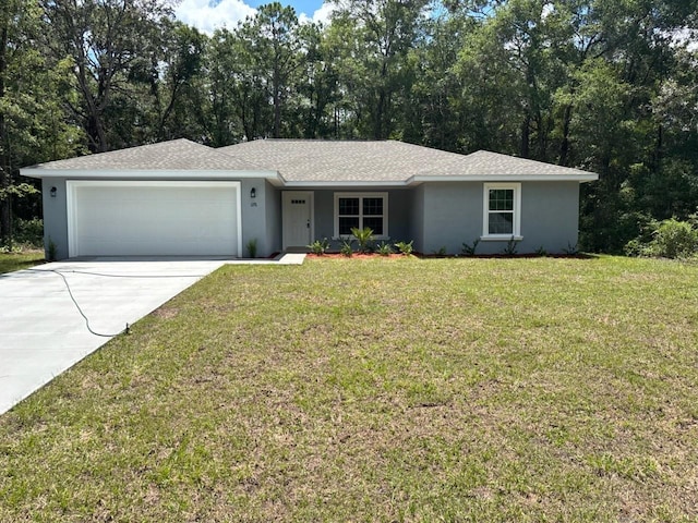 1176 W Bridge Dr, Citrus Springs, FL 34434 - ranch-style home with an attached garage, driveway, a front lawn, and stucco siding