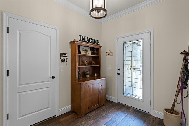 418 Rock Springs Cir, Groveland, FL 34736 - doorway to outside with ornamental molding and dark wood-style floors