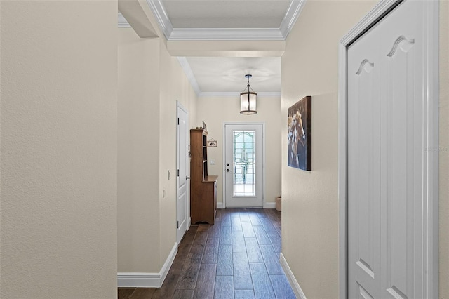 418 Rock Springs Cir, Groveland, FL 34736 - doorway to outside with crown molding and dark wood finished floors