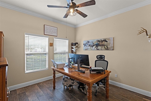 418 Rock Springs Cir, Groveland, FL 34736 - office area with a ceiling fan, ornamental molding, and wood finished floors