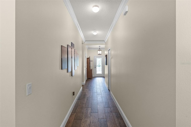 418 Rock Springs Cir, Groveland, FL 34736 - hall with crown molding, dark wood-type flooring, and a textured ceiling