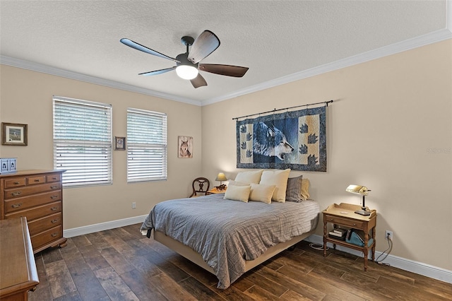 418 Rock Springs Cir, Groveland, FL 34736 - bedroom with dark wood-style floors, ornamental molding, a textured ceiling, and a ceiling fan