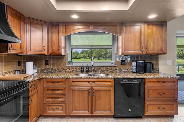 14325 Manchester Ave, Groveland, FL 34736 - kitchen featuring black appliances, custom range hood, brown cabinetry, and recessed lighting