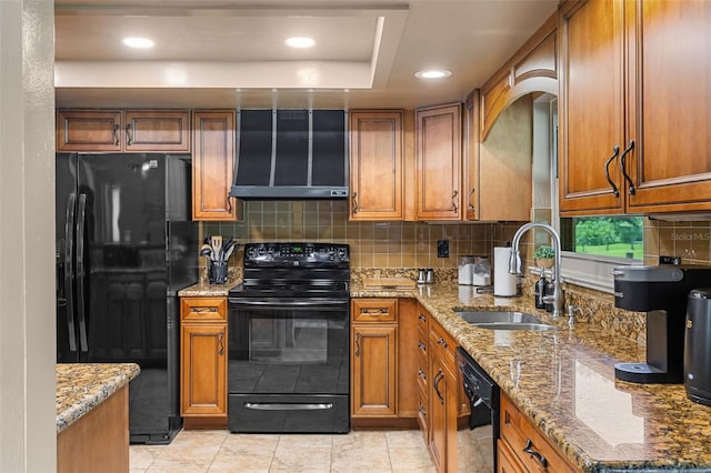 14325 Manchester Ave, Groveland, FL 34736 - kitchen featuring black appliances, extractor fan, brown cabinetry, backsplash, and light stone counters