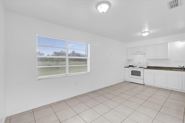 302 W Rose Ln, Lady Lake, FL 32159 - kitchen featuring white electric range, dark countertops, under cabinet range hood, and white cabinets