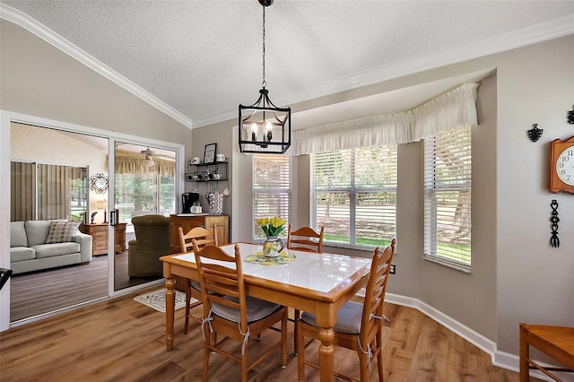 1309 Corona Ave, The Villages, FL 32159 - dining area with lofted ceiling, ornamental molding, a textured ceiling, wood finished floors, and a chandelier