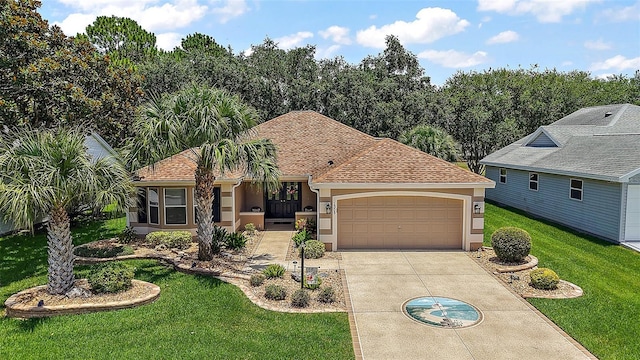 1309 Corona Ave, The Villages, FL 32159 - view of front of property with driveway, a garage, a front lawn, and stucco siding