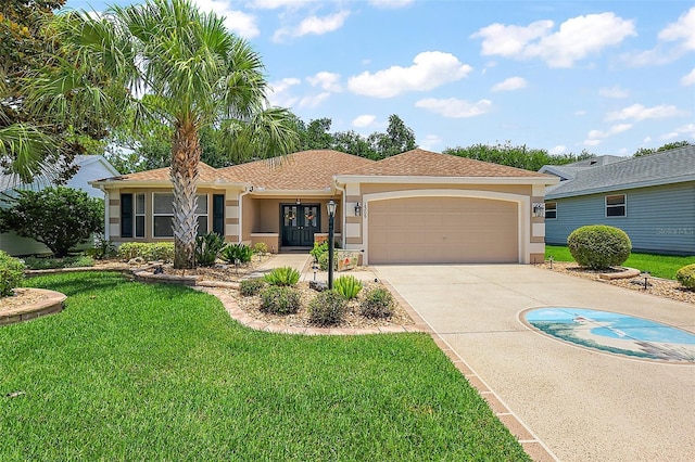 1309 Corona Ave, The Villages, FL 32159 - ranch-style house with stucco siding, an attached garage, a front lawn, and driveway