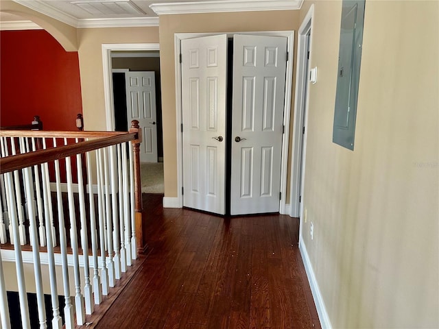 1096 Linkside Ct, Apopka, FL 32712 - hall featuring dark wood-style floors, arched walkways, electric panel, and ornamental molding
