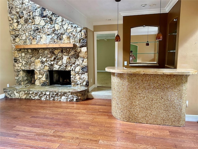 1096 Linkside Ct, Apopka, FL 32712 - indoor dry bar featuring wood finished floors, ornamental molding, a stone fireplace, and pendant lighting