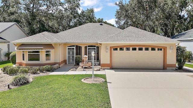 1512 Cervantes Pl, The Villages, FL 32159 - ranch-style house featuring stucco siding, a garage, a front yard, driveway, and roof with shingles