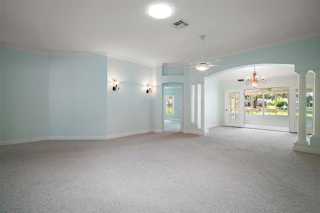 1512 Cervantes Pl, The Villages, FL 32159 - empty room with decorative columns, arched walkways, a chandelier, ornamental molding, and ceiling fan