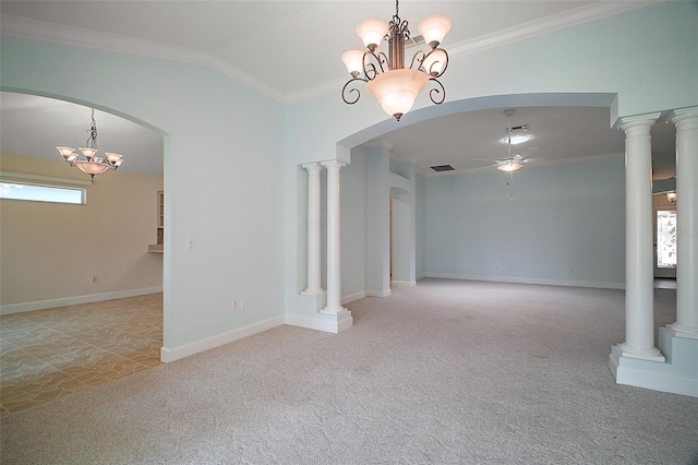 1512 Cervantes Pl, The Villages, FL 32159 - below grade area featuring ornamental molding, carpet floors, a ceiling fan, arched walkways, and a chandelier